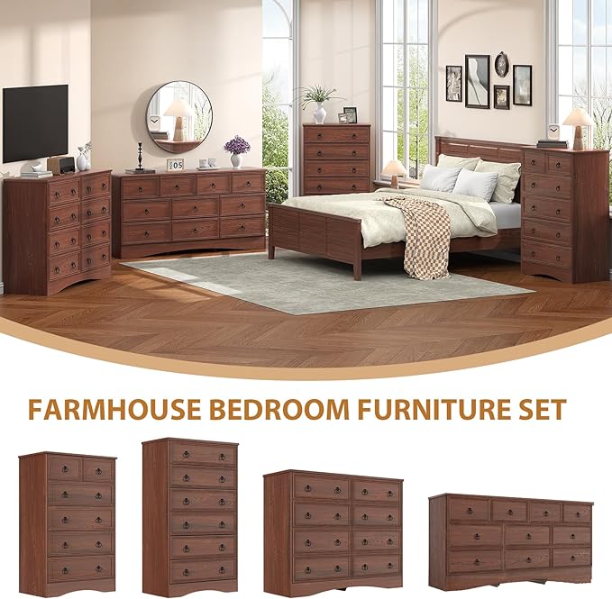 63”W Dressers for Bedroom, Long Dresser with 10 Deep Drawer, Dressers & Chests of Drawers for Clothes, Easy Pulls Handle, Textured Borders, for Living Room, Hallway,Cherry Wood