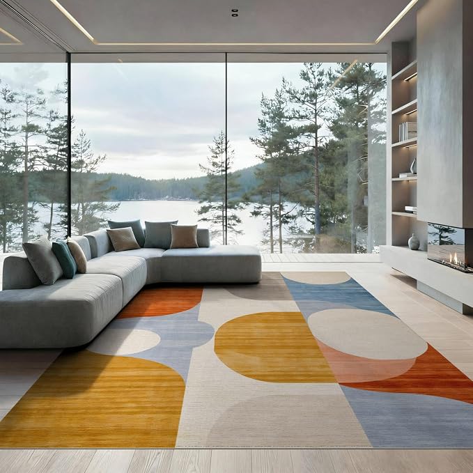 Flatwoven High Traffic Area Rug 6x9, Mid Century Modern Abstract with Fluid Lines and Symmetrical Ovals, Non Slip, Stain Resistant, Washable Area Rugs for Living Room, Bedroom (Orange, 6x9)