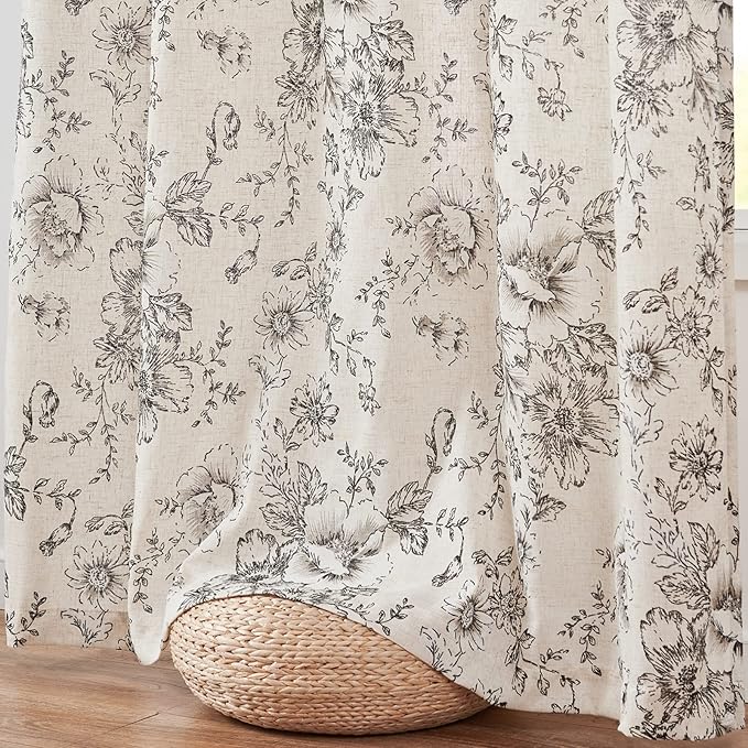 jinchan Linen Floral Curtains Extra Wide for Patio Sliding Glass Door Room Divider Curtain for Living Room 84 Inch Length Farmhouse Peony Black Printed Curtain Set 1 Panel