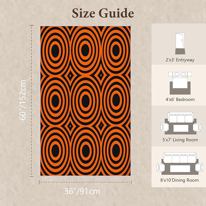 Retro Rings Area Rug 3x5, Optical Geometric Circle Rug, Bold Retro Pattern Carpet for Living Room Bedroom, Non Slip Soft Area Rug