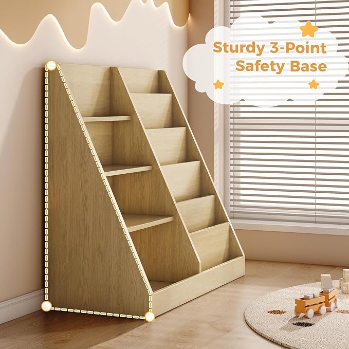 Tatub 6 Tier Kids Wooden Bookshelf and Toy Storage, Children Toy Organizer with Book Shelves, Toddler BookRack Baby Bookcase for Nursery, Playroom and Classroom, Natural Wood