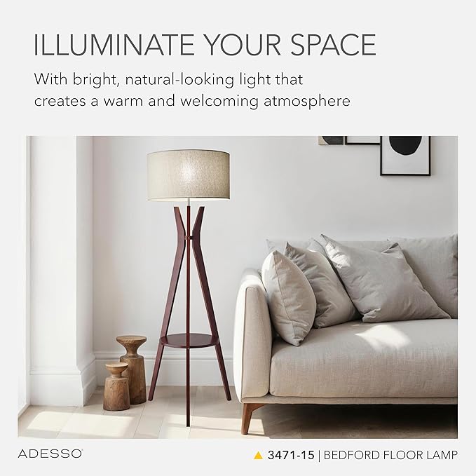 Adesso Floor Lamp with Walnut Wood and Oatmeal Linen Lampshade – 3-Way Adjustable Brightness, Lamp with Shelf for Bedroom, Living Room, and House Décor, 59.5” x 20”