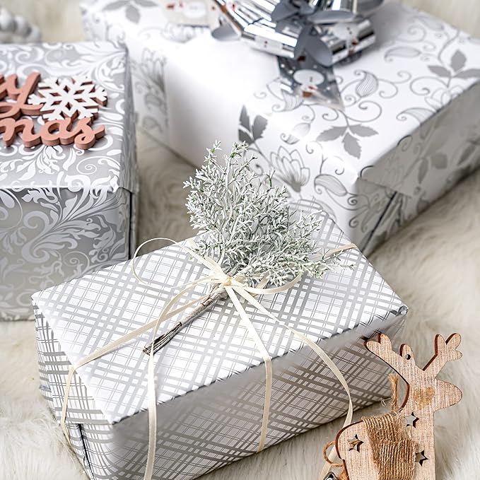 LeZakaa Silver Wrapping Paper Roll, Elegant Metallic Foil Gift Wrap with Floral and Plaid Pattern for Wedding, Anniversary, Birthday, Mothers Day, Bridal Shower, Christmas, 17 x 120 inches, Mini Roll