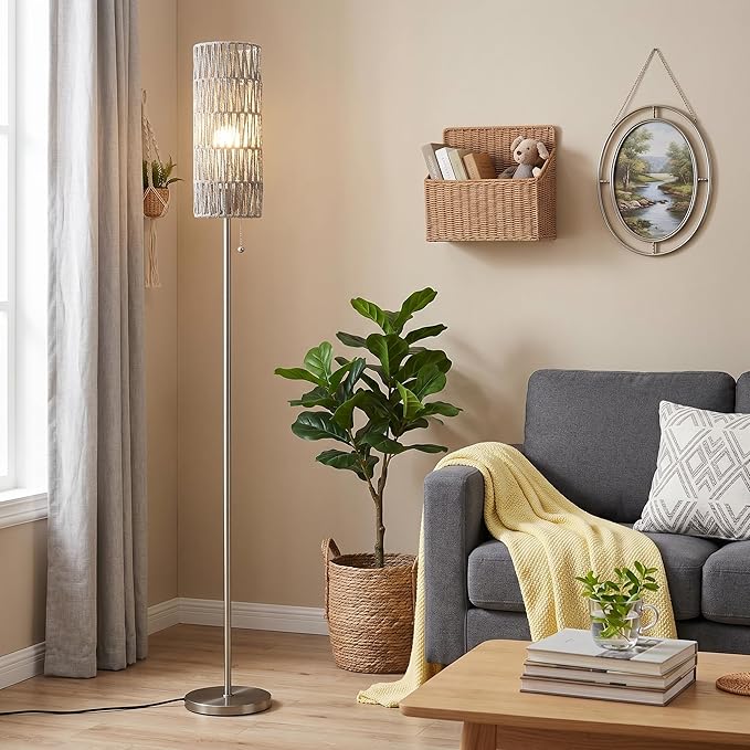Ambimall 64'' Floor Lamp for Living Room with 3 Color Temperatures Bulb, Boho Grey Standing Lamp with Grey Rattan Shade