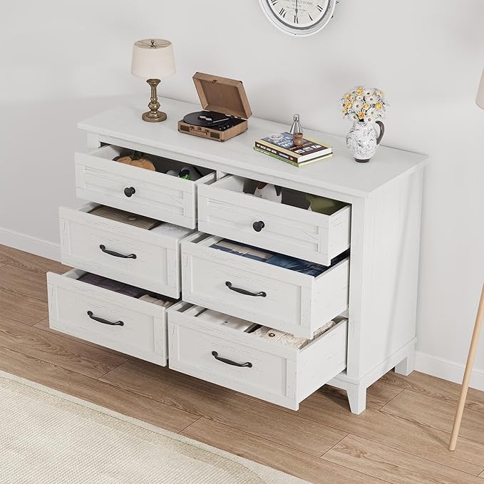 GarveeHome 6 Dresser for Bedroom, 47 in Wide Drawer Dresser with Storage Freestanding, Wooden Closet Storage Chest for Living Room, Bedroom, Entryway, White