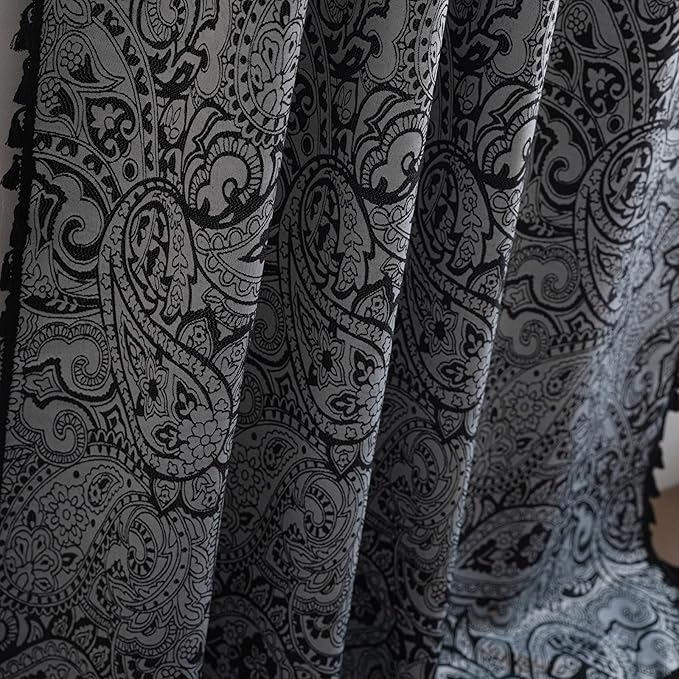 ENJOYBRIDAL Black Paisley 84 Inch Curtains for Bedroom Semi Sheer Drapes Light Filtering Living Room Rod Pocket Floor Length Window Curtains 2 Panel Sets Farmhouse Printed Jacquard Window Treatments