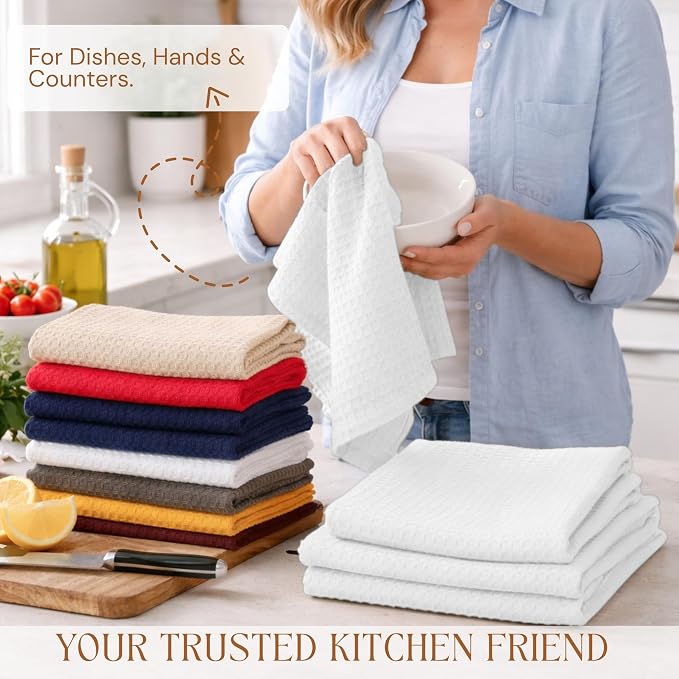 White Waffle Kitchen Towels Set of 4-100% Cotton, Super Absorbent, Soft, Quick Drying, 16x26 Inches, with Hanging Loop, Perfect for Dish Drying, Cleaning, Bar & Everyday Use