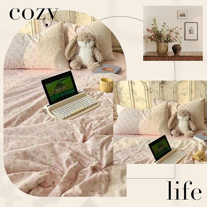 LifeTB Pink Floral Duvet Cover Twin Romantic Lace Bedding Set Garden Style Cottagecore Flower Duvet Cover with Zipper Closure Soft Washed Microfiber Botanical Comforter Cover for Teen Girls