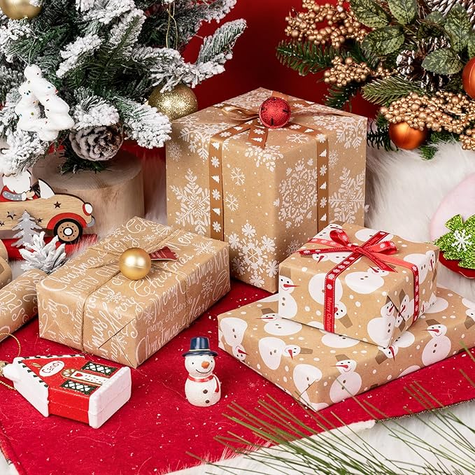 MAYPLUSS Kraft Christmas Wrapping Paper Roll - Mini Roll - 17 in X 120 in Per roll - White Snowman, Let it Snow Design Snowflake for XMAS,Party Birthday gift wrap (42.3 sq.ft.ttl)
