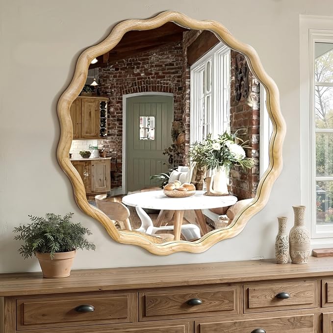 Circle Wood Mirrors for Wall, Wavy Round Bathroom Scalloped Mirror Wooden Frame 30 Inch for Living Room Farmhouse Bedroom Hallway Entryway Living Room with Shatterproof Glass Wall Mounted