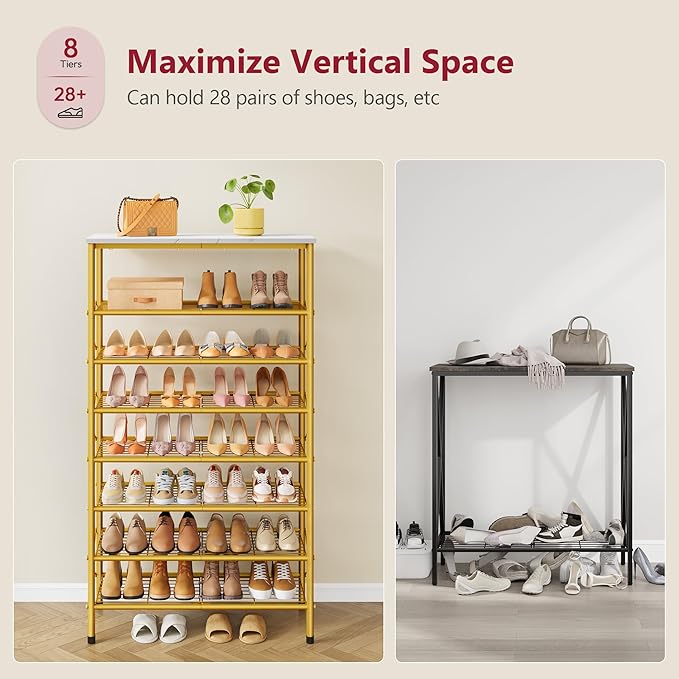 Tajsoon 8 Tier Shoe Rack Organizer for 28-32 Pairs of Shoes, Metal Mesh Shoe Shelf for Closet, Industrial Shoe Rack for Entryway Shoe Storage with X Shape Fixed Frame, White & Gold