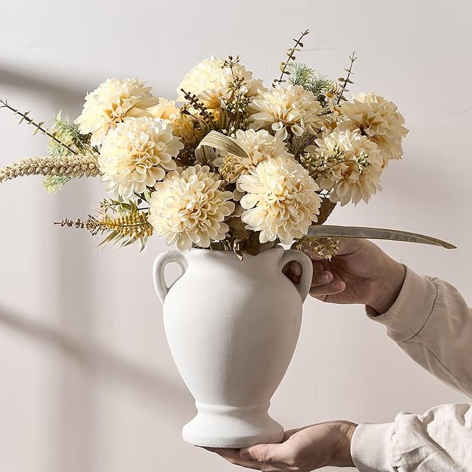 Ceramic Rustic Flower Vase with Handles, 8.46 Inch Tall Vintage Pottery Home Decor, Farmhouse Terracotta Vase for Living Room, Table, Shelf, Mantel Decoration, Farmhouse- Off-White