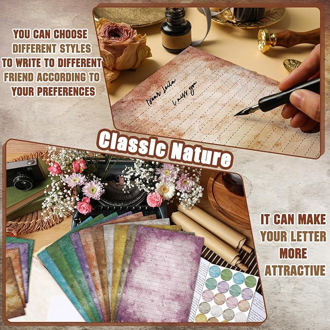 TaoBary 160 Pcs Stationery Paper Set 50 Double Sided Stationery Papers with 50 Matching Envelopes and 60 Round Dot Sticker, 10 Design (Vintage,8.25 x 5.5 Inch)