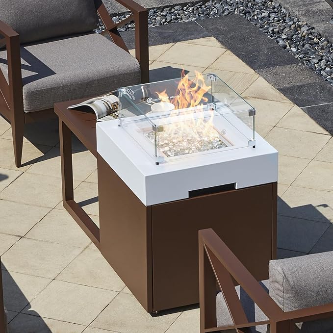 22" Aluminum Propane Fire Pit Table, 37,000 BTU Outdoor Gas Firepit with Lid, Glass Wind Guard, Waterproof Cover & Glass Stones for Patio Deck Garden, 3-in-1 Tabletop Design, Brown