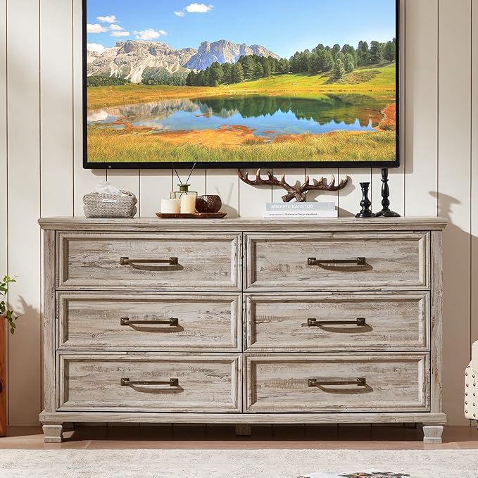 Farmhouse 6 Drawer Dresser for Bedroom, 54 inch Wide Large Vintage Chest of Drawers with Square Solid Wood Legs, Rustic TV Stand for Living Room, Wooden Storage Dressers for Hallway, Grey