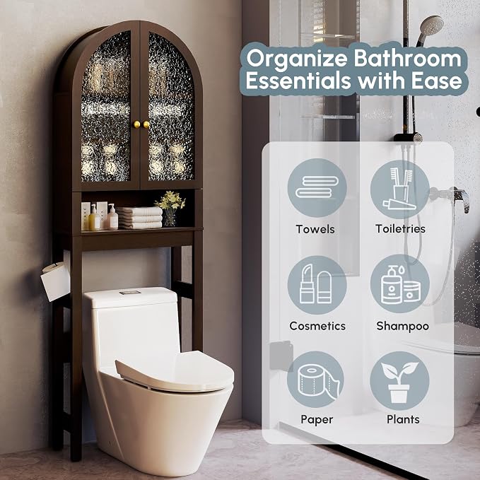 Over The Toilet Storage Cabinet, Arched Bathroom Organizer and Storage with Acrylic Doors and Adjustable Shelf , Space-Saving Modern Freestanding Bathroom Modern Storage Cabinet Over Toilet (Espresso)