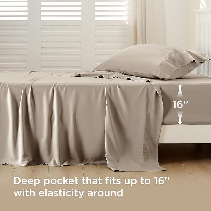 Bedsure Cooling Sheets Twin XL, Rayon Derived from Bamboo, Breathable & Soft Twin XL Sheet Sets, Deep Pocket Up to 16 Inches, Hotel Luxury Silky Dorm Bedding for Hot Sleepers, Simply Taupe