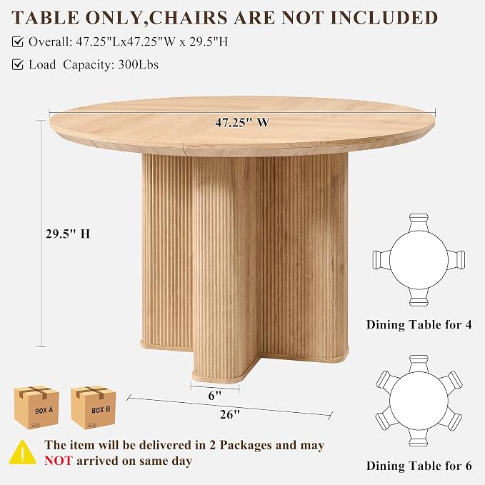 T4TREAM 47" Fluted Round Dining Table for Kitchen Living Room, Natural Oak | Mid Century Modern Kitchen Table,Seats 4-6,Thickened Edge and Sturdy Reeded Pedestal Base