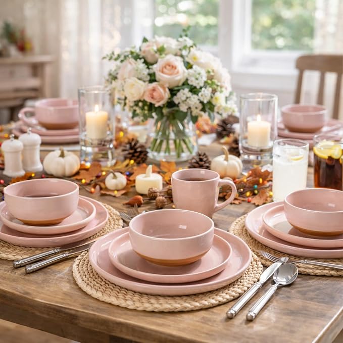 AmorArc Ceramic Dinnerware Sets for 8, 24 Pieces Handpainted Speckled Plates and Bowls Set with Rustic Terracotta Underside, Scratch Resistant Stoneware Dishes Set, Dishwasher & Microwave Safe, Pink