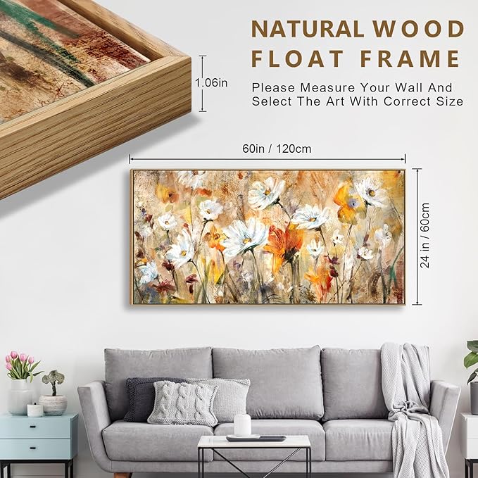 Framed Wall Art Wildflowers Canvas Wall Pictures Abstract Daisy Flowers Canvas Prints Orange Yellow Floral Landscape Painting Artwork for Living Room Bedroom Kitchen Home Office Decor 24"x 48"