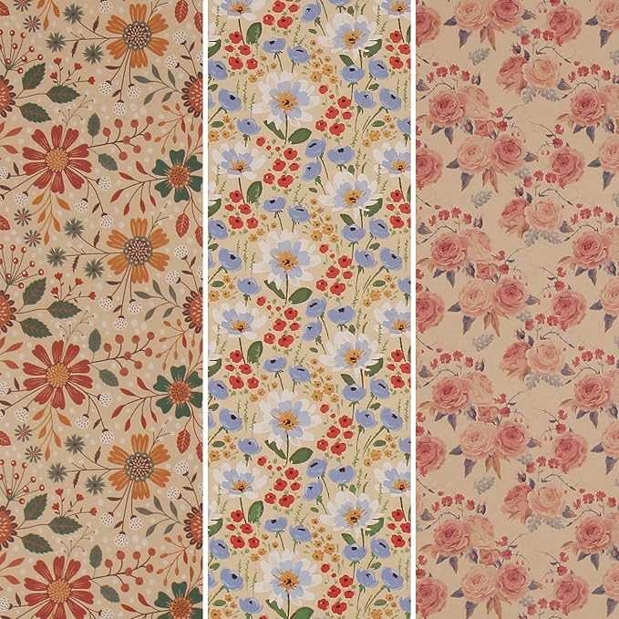 Aimyoo Kraft Floral Wrapping Paper Bundle, Vintage Spring Flowers Rose Gift Wrap Paper for Wedding Bridal Shower Birthday, 3 Rolls 17 in x 10 ft per Roll