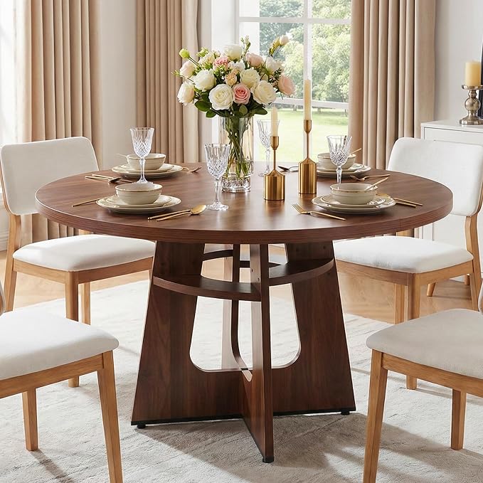 47" Round Dining Table for 4-6 Walnut, Farmhouse Wood Circle Dinner Table, Dark Brown Wooden Circular Dinner Tables Easy Assembly for Dining Room/Kitchen/Living Room/Apartment (Table Only)
