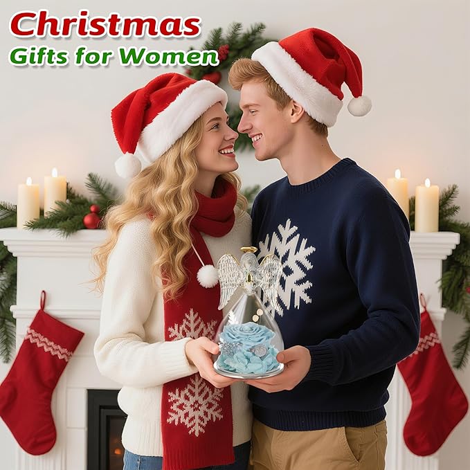 Yamonic Mom Birthday Gifts for Mom, Glass Angel Figurines Forever Real Rose Gifts for Her Women Grandma, Preserved Rose Angel Figurine for Mothers Day Birthday Gifts for Moms from Daughter(Pale Blue)