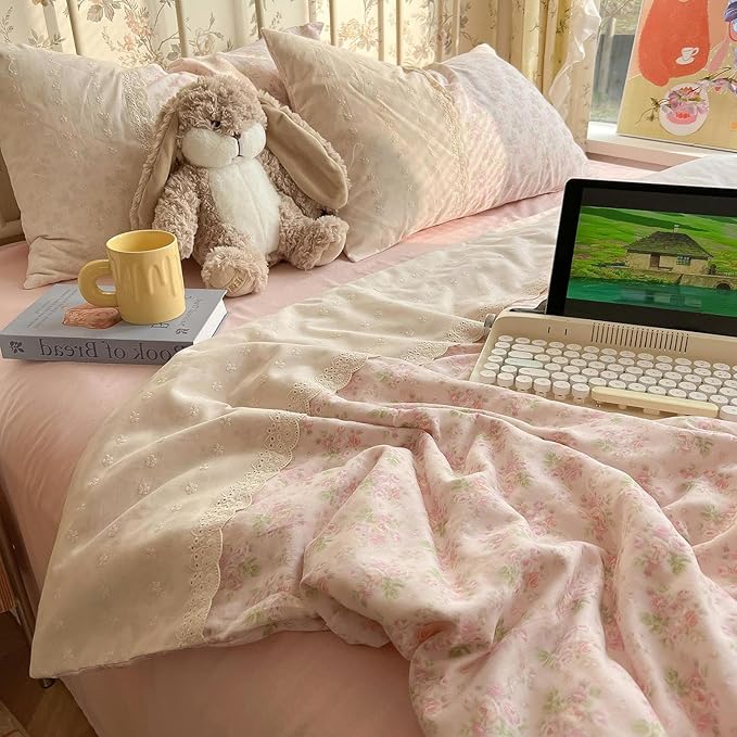 LifeTB Pink Floral Duvet Cover Twin Romantic Lace Bedding Set Garden Style Cottagecore Flower Duvet Cover with Zipper Closure Soft Washed Microfiber Botanical Comforter Cover for Teen Girls