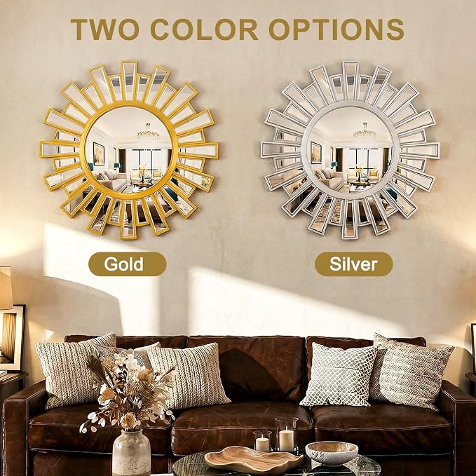 Gold Large Sunburst Wall Mirror - 24 inch Round Beveled Sun Mirror with Layered Metal Frame for Wall Decorative Modern Boho Wall Art for Entryway Bedroom Living Room Hallway Bathroom Dining Room