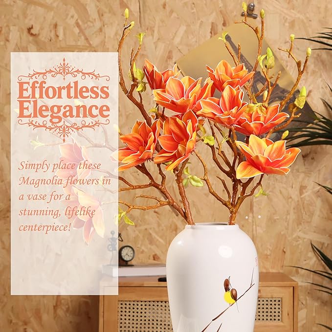 3pcs Artificial Magnolia Flower Branches, 31 Inch Long Stem Faux Floral, Premium Faux Bloom for Home Decor, Centerpieces, and Wedding Arrangements, Orange