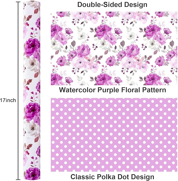 Yarcony Reversible Floral Wrapping Paper Roll, Purple Flower Gift Wrapping Paper, Watercolor Rose Design Wedding Gift Wrap for Girl Women Birthday, Mother's Day, Bridal Shower,Christmas (17Inx16.5Ft)