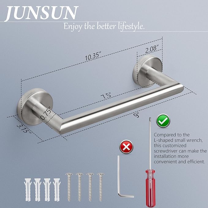 JunSun Bathroom Towel Bar 9 Inch Brushed Nickel Towel Racks Wall Mounted Bath Hand Towel Holder Modern Home Decor Towel Rod Bathroom Hardware Stainless Steel Towel Hanger Silver Towel Rail Single Bars