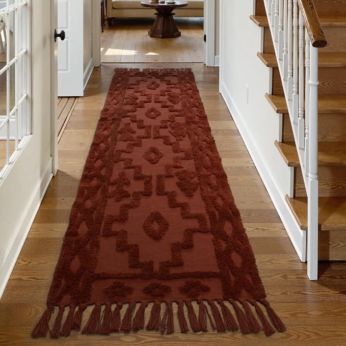 Uphome Boho Runners for Hallways 2.6' x 8', Washable Farmhouse Entryway Runner Rug, Cotton Tufted Bedroom Runner Rugs, Bohemian Tribal Aesthetic Rug for Kitchen Doorway Bathroom, Terracotta