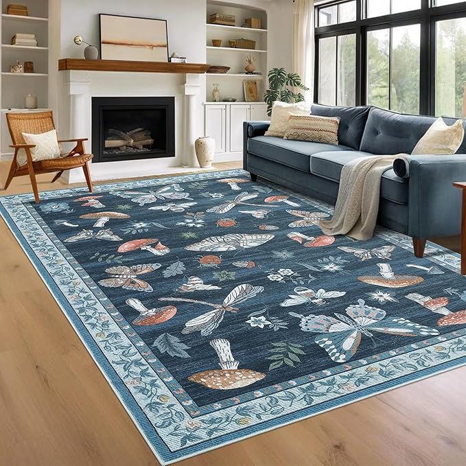 Washable 9x12 Area Rugs Living Room Large Rug Boho Vintage Floral Carpet Soft Bedroom Indoor Floor Mats Non-Slip Farmhouse Rustic Style Carpet for Nursery Dining Room Home Decor Office, Blue