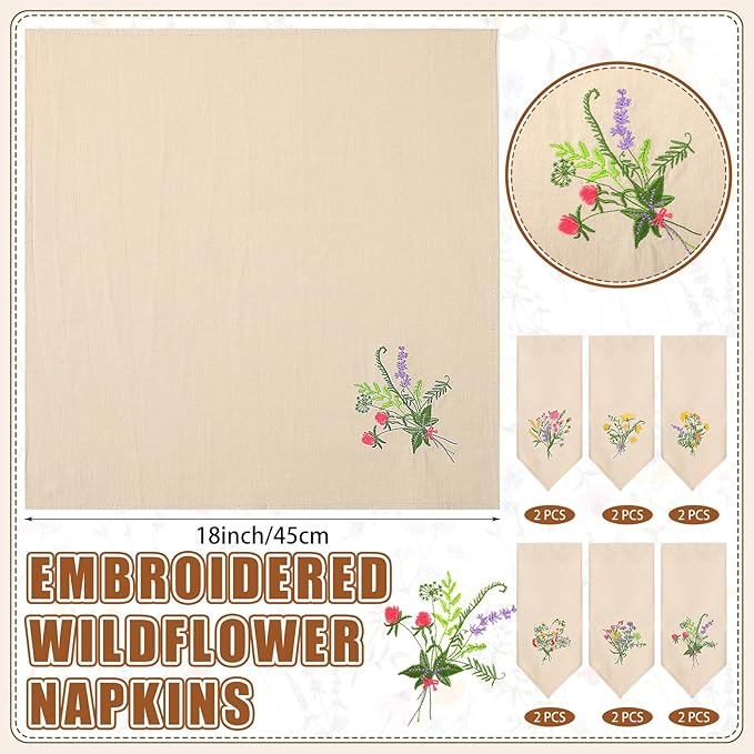 Tioncy 6 Pcs Christmas Floral Cloth Napkins Decorations Bulk Embroidered Wildflower Dinner Napkins Tea Cocktail Party Gifts Xmas Stocking Stuffers for Holiday Table Decor (Grey)