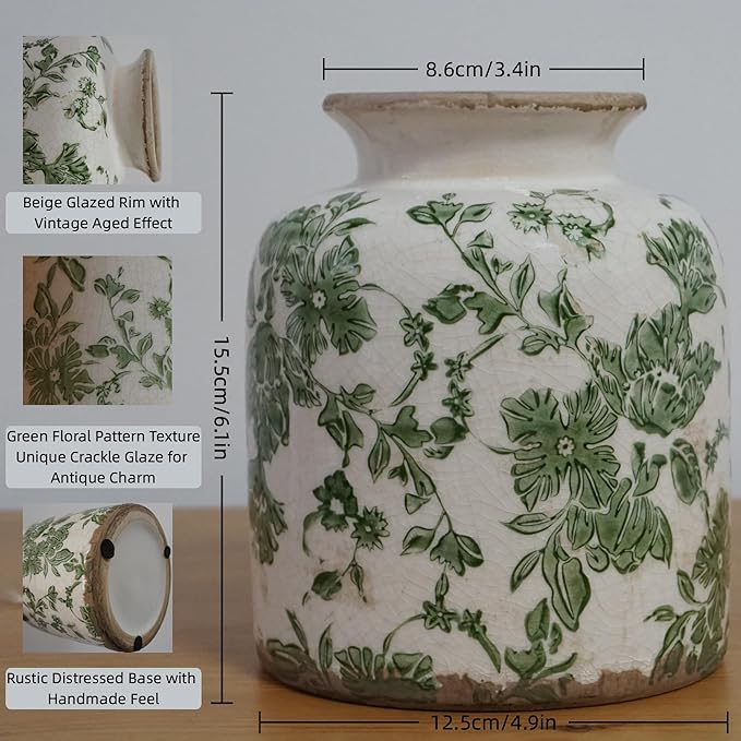 Vintage Green Crackle Glaze Ceramic Flower Vase, 6” Small Rustic Pottery-Style Decorative Vase with Distressed Beige Rim, Farmhouse Cottage Tabletop & Mantel Home Decor
