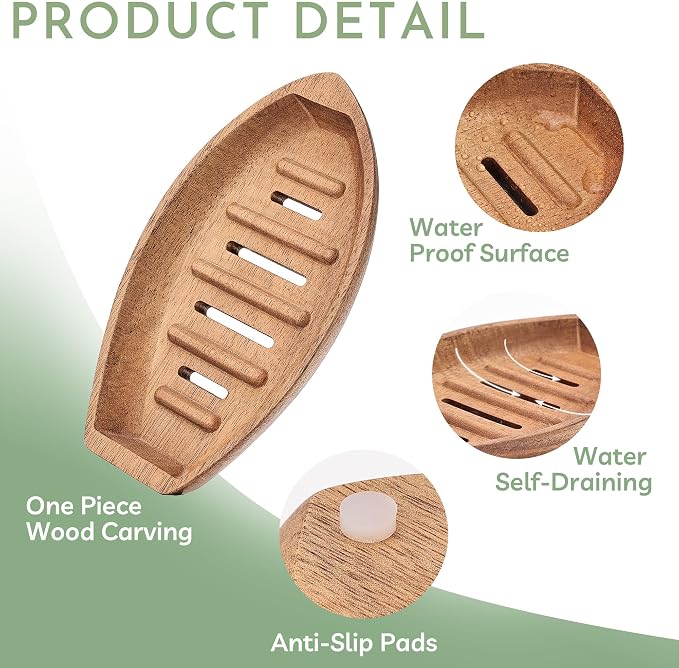 Acacia Wooden Soap Dish with Self Draining, Funny and Modern Multi Shape Design, Soap Holder for Sink Countertop, Shower & Bathroom Soap Tray。 (Boat-5.9"x3.74"x0.86")