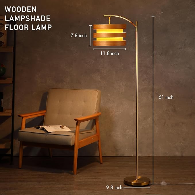 O’Bright Strata Wooden Floor Lamp - Mid Century Modern Standing Lamp with Layered Wood Shade, Tall Reading Lamp for Living Room, Bedroom, Office, Antique Brass, Light Oak, Horizon Shade