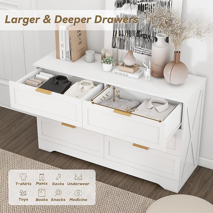 White 6 Drawer Dresser for Bedroom, Modern Dresser Chest of Drawer with Large Drawers & Rose Gold Handles, Wooden Dressers Drawer Storage Unit for Bedroom, Living Room, Closet