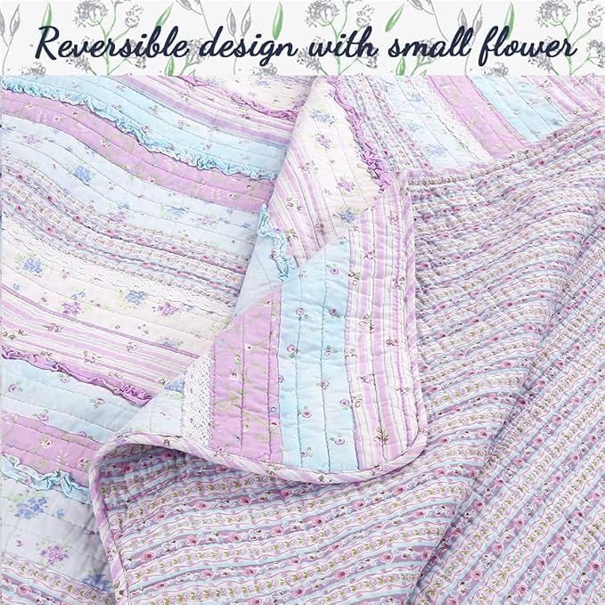Cozy Line Home Fashions Raelynn Romantic Lace Orchid Light Purple Blue Flower Print Stripe Cotton 3D Bedding Quilt Set, Reversible Coverlet, Bedspread for Girls Women (Lavender,Queen -3 Piece)