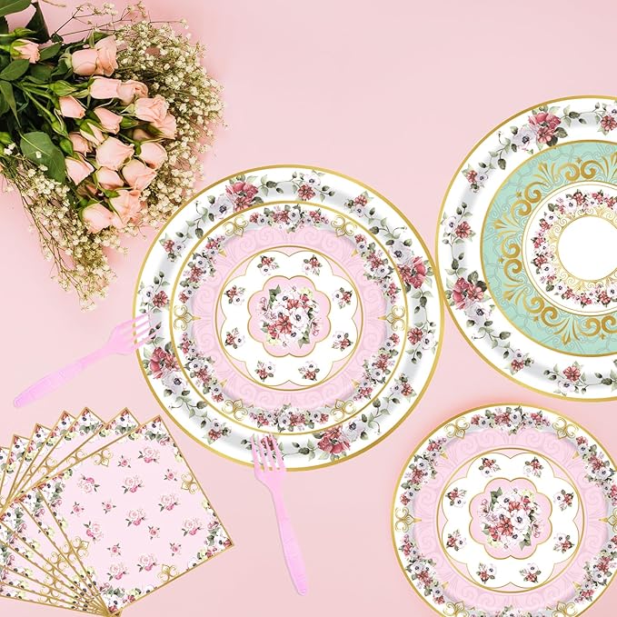 96pcs Floral Party Supplies Flower Paper Plates and Napkins Tableware Set for 24 Guest Floral Party Disposable Paper Dinner Plates Napkins Forks for Birthday Bridal Shower Tea Party Supplies