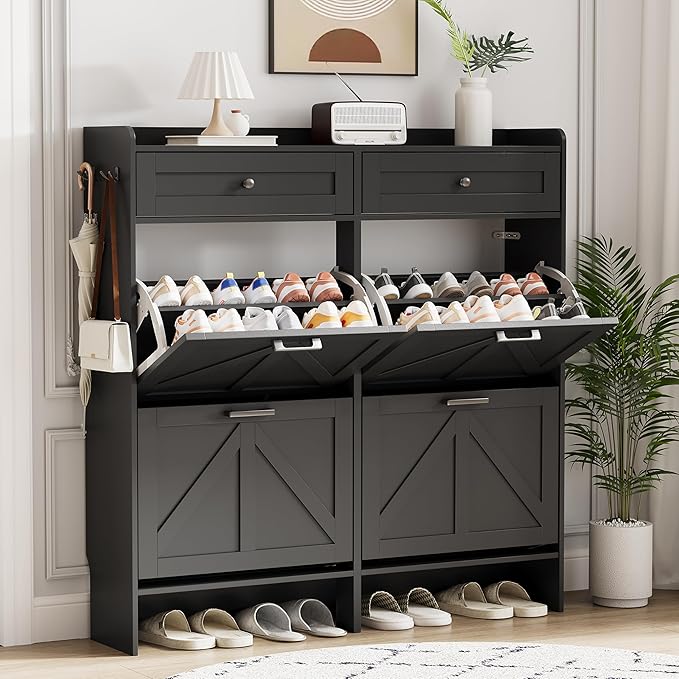 Shoe Cabinet with 4 Flip Drawers & 2 Top Drawers, 43" Tall Freestanding Narrow Wooden Shoe Storage Organizer for Entryway, Hidden Slim Shoe Rack for Front Door Entrance, Hallway, Living Room, Black