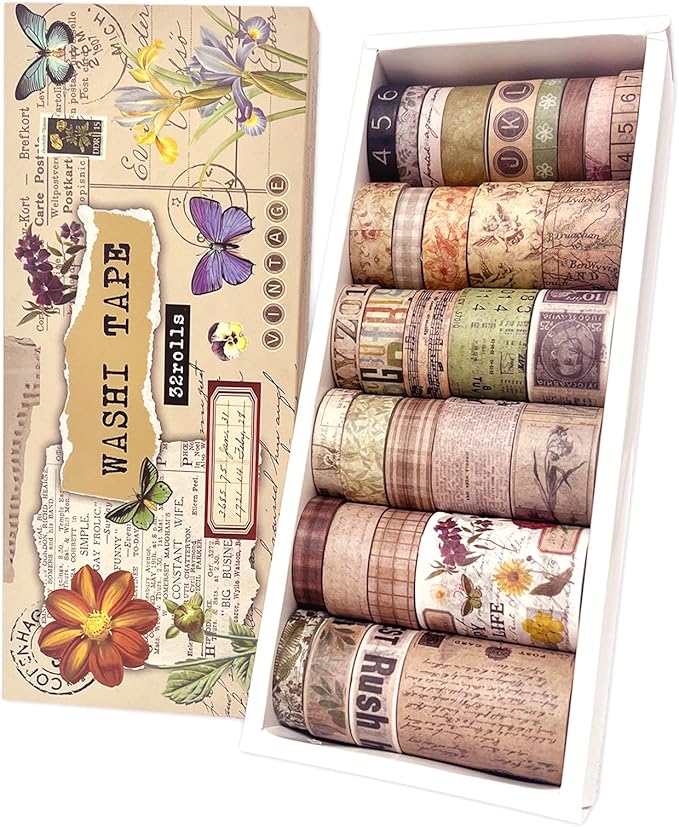 Bomichi 32 Rolls Vintage Washi Tape, Aesthetic Colored Decorative Cute Scrapbook Tape for Scrapbooking Supplies Journaling Craft Junk Journal