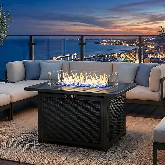 Wisteria Lane 43" Propane Fire Pit Table, 50,000 BTU Gas Fire Pit for Outside, Outdoor Fire Pit with CSA Certification, Rattan-Like Wicker Look for Patio Deck Garden Backyard Balcony