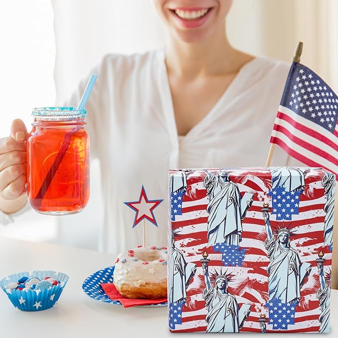 JarThenaAMCS 12 Sheet Patriotic Wrapping Paper -Not Roll- American Flag Star Firework Gift Wrap Paper Folded Flat Art Paper for 4th of July DIY Crafts Gift Wrapping, 19.7 x 27.6 Inch