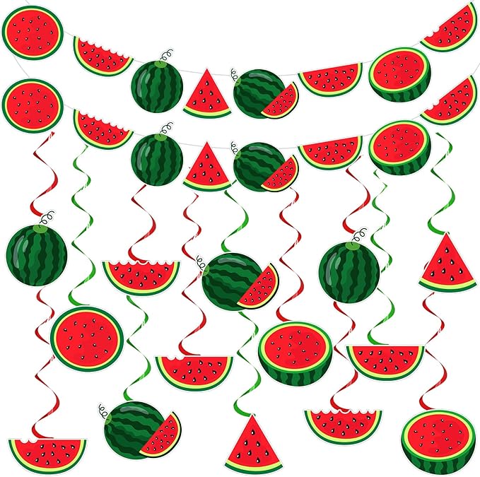 34 Pcs Summer Watermelon Party Decorations Watermelon Hanging Swirl Decorations Pre Strung Watermelon Banner Fruit Birthday Party Supplies for Summer Hawaiian Tropical Luau Beach Themed Party