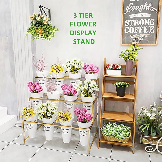 Flower Display Stand With 12PCS Buckets, 3 Layers Metal Plant Stand with Wheels, Heavy Duty Moving Plant Cart Shelf, for Indoor, Outdoor Patio Garden, Living Room, Florist (White - Round Bucket)