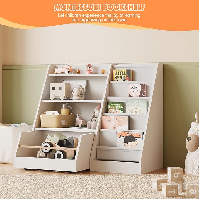 NACHES Kids Bookshelf,Toddler Bookcase Toy Bin with 1 Drawer 3 Sling Pockets –Children Bookshelf with Storage for Bedroom,Nursery or Playroom FSC Wood,Trapezoid 35" W, White (1 Movable Drawer)