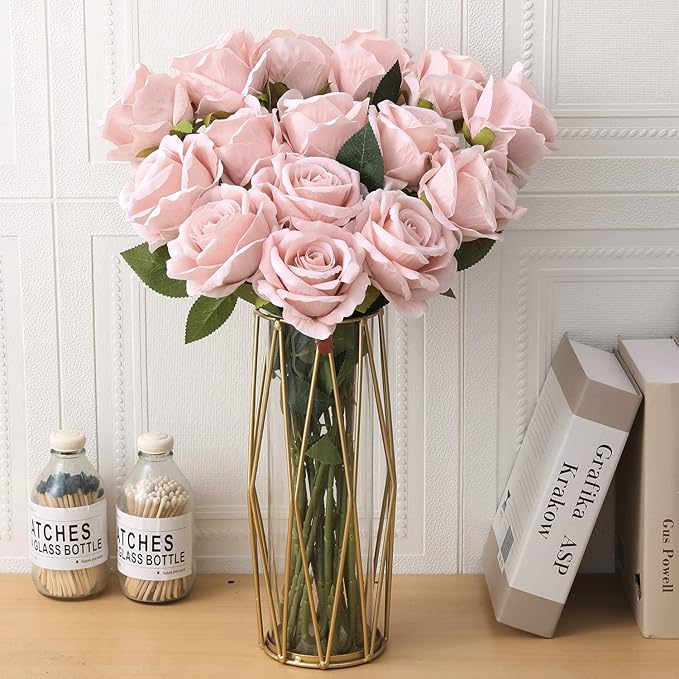 15Pcs Pink Roses Artificial Flowers Fake Roses Long Stem Velet Rose Silk Flowers for Home Wedding Decoration (Round Roses,Pale Pink)