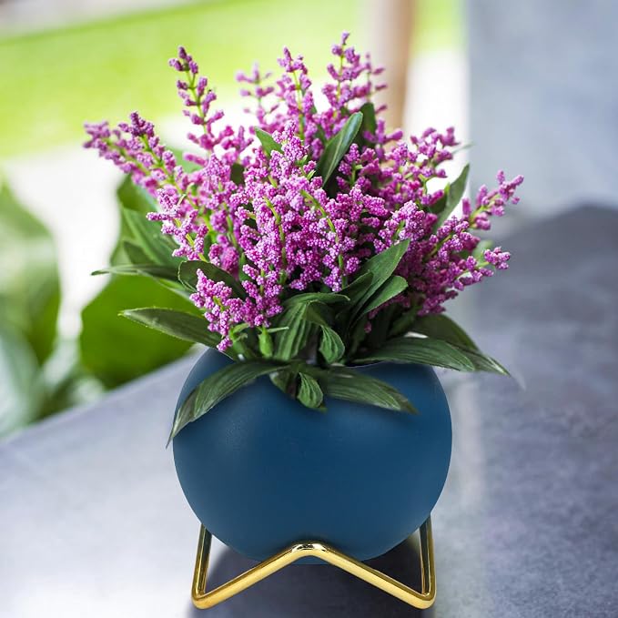 BuleVina 4” Ceramic Plant Flower Pot - Indoor Planter Pot with Gold Metal Stand for Herbs Orchids Cacti Succulents Potted Planter (Navy Blue)